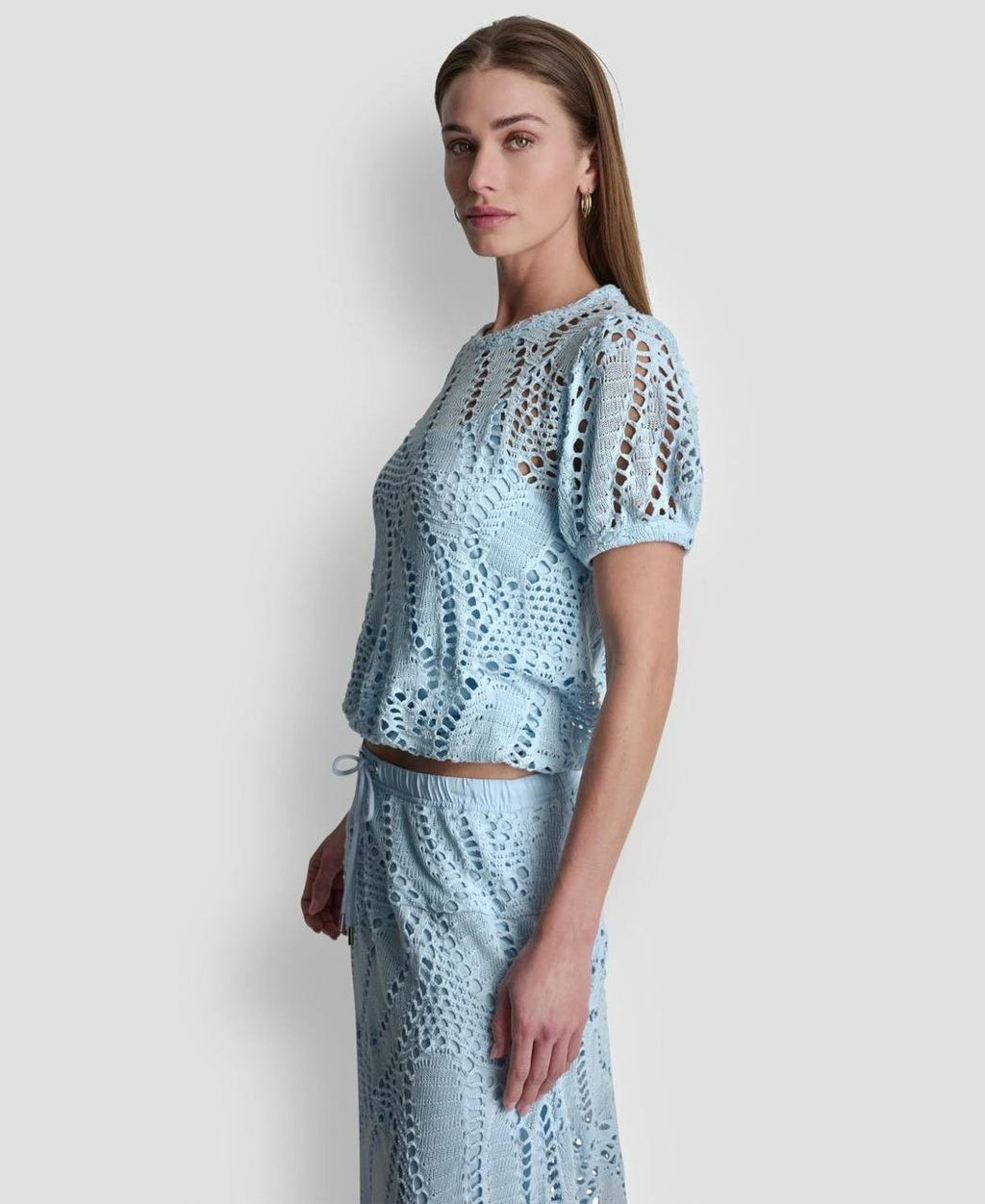 DKNY Leaf Crochet Short‑Sleeve Cotton Top Blue M NWT $99