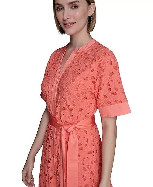 Karl Lagerfeld Paris Petite Eyelet Button‑Front Dress Terracotta 8P NWT $199