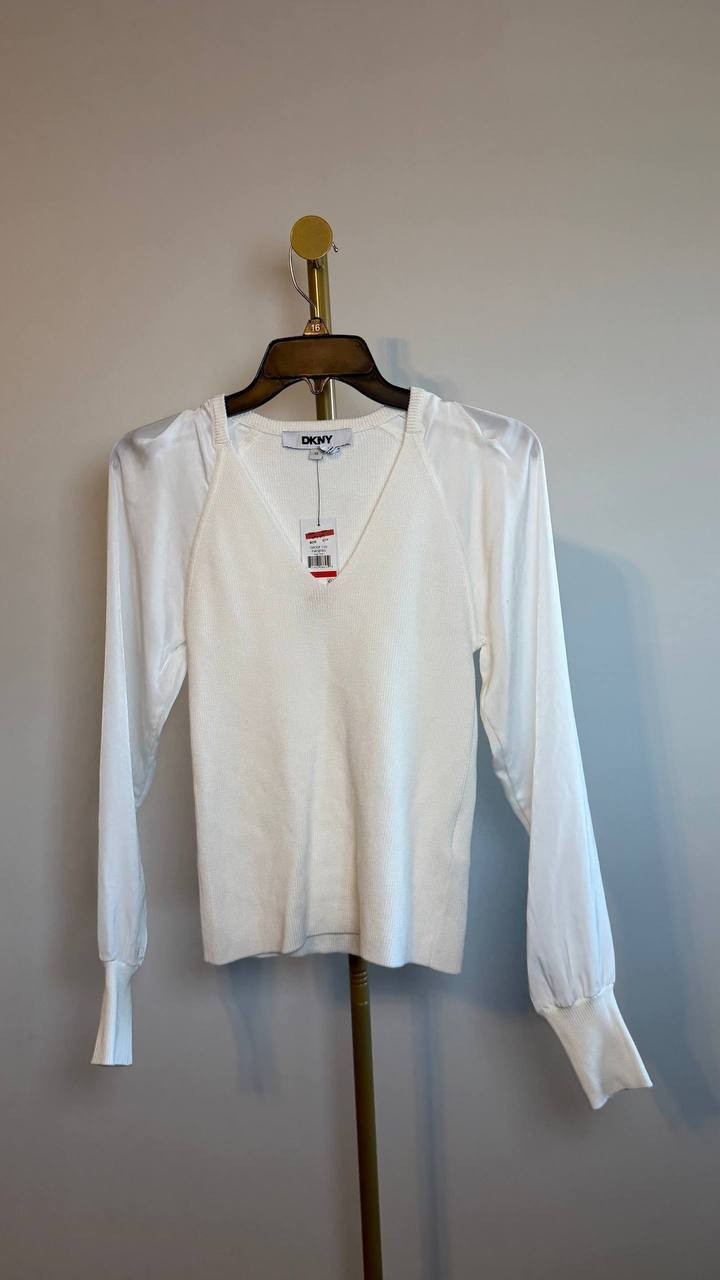 DKNY Women’s Mixed‑Media V‑Neck Top Ivory XS NWT $79