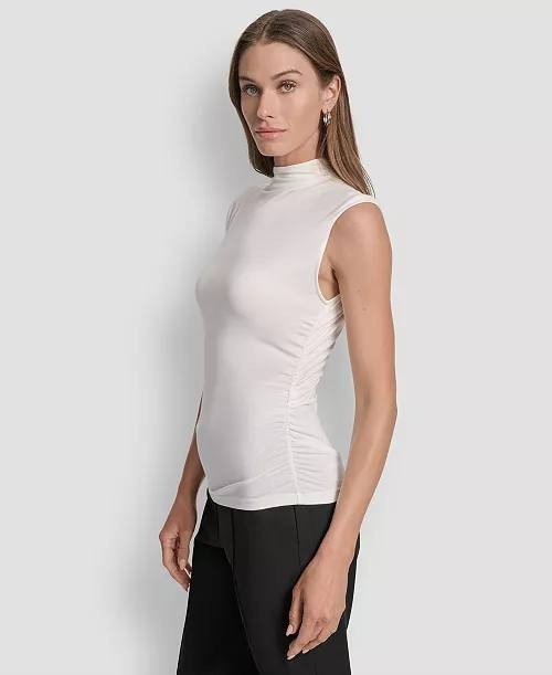 DKNY Mock‑Neck Sleeveless Side‑Ruched Knit Top – Size L – Pre‑Owned – $49