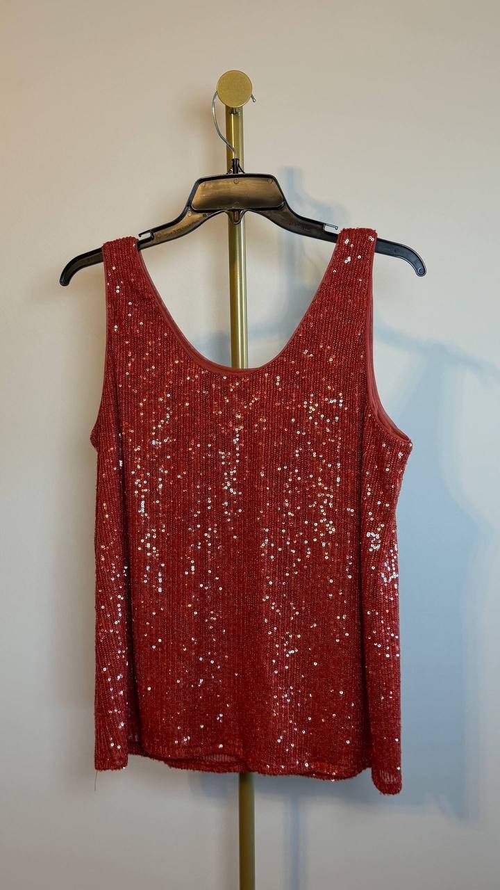Anne Klein Sequin Double‑Scoop Sleeveless Tank Red L NWT $69