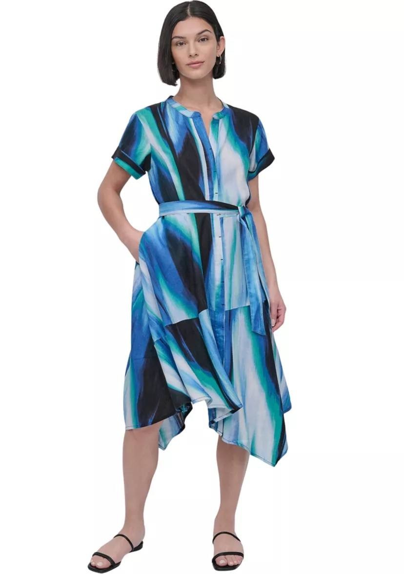 DKNY Brushstroke Printed Asymmetrical Linen Dress Caribbean Multi 4 NWT $159