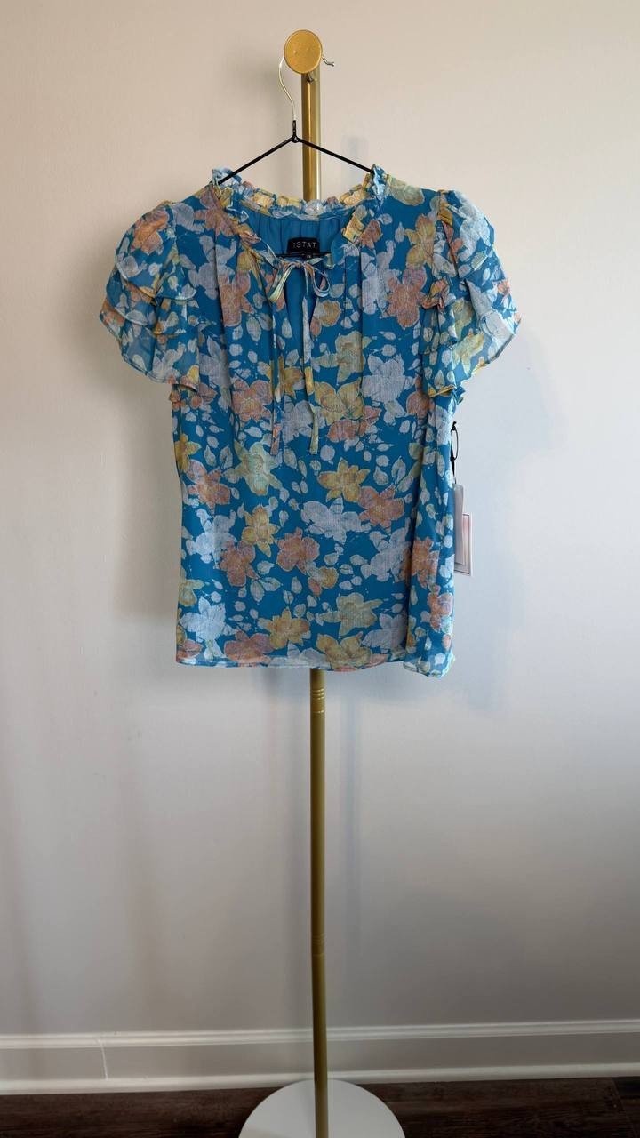 1.STATE Floral Tie‑Neck Short Flutter‑Sleeve Blouse Blue XS NWT $79