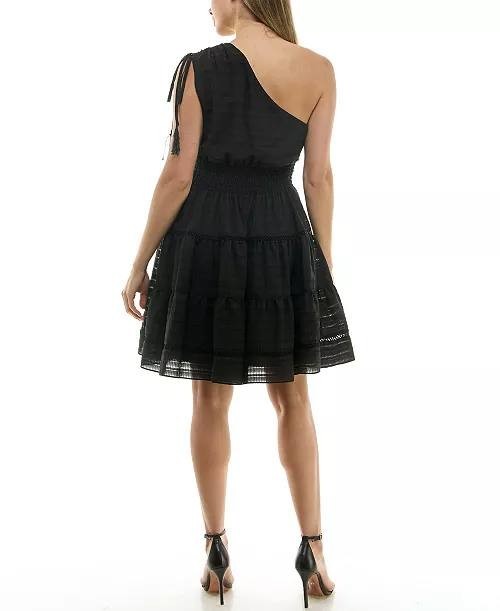 Taylor One‑Shoulder Seersucker Fit & Flare Dress –Black –Size M – NWT