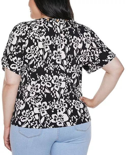 Belldini Grommet Detail Floral Raglan Knit Top Black Combo L NWT $49
