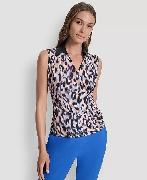 DKNY Top M Travertine Multi Printed Sleeveless Surplice Faux Leather Collar NWT