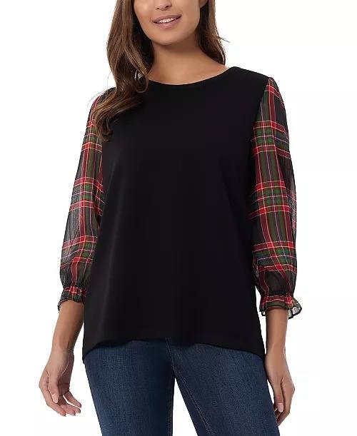 Jones New York Plaid-Sleeve Crewneck Top, Black PS Petite NWT New with Tags