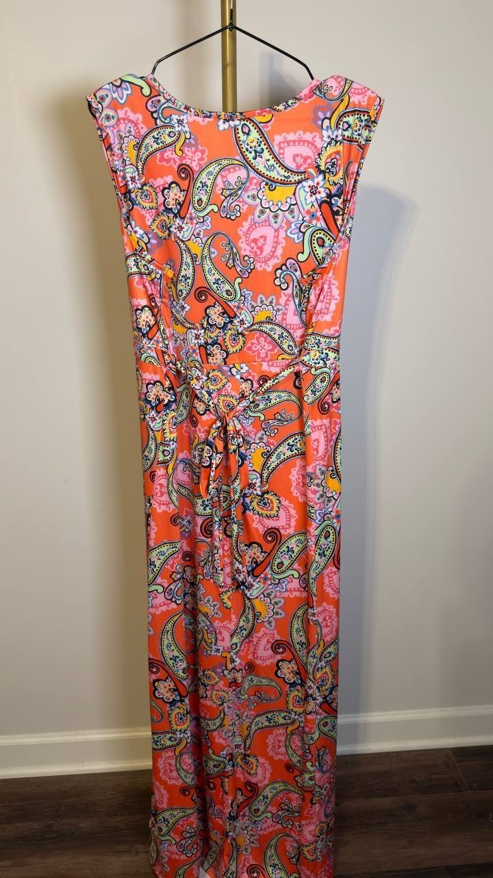 24seven Comfort Apparel Plus V‑Neck Sleeveless Maxi Dress Coral Multi 1X NWT $64