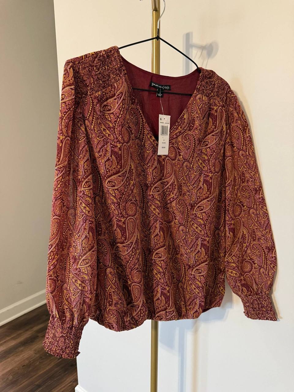 Sam & Jess Blouson V‑Neck Top Crisp Merl M NWT Lightweight Modern MSRP$59