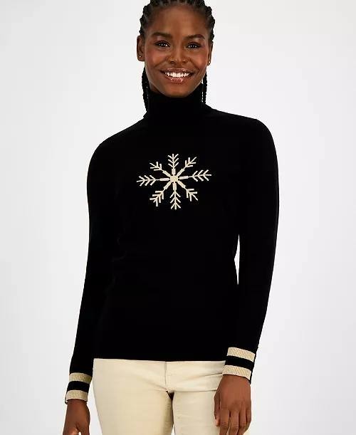 Tommy Hilfiger Cotton Snowflake Turtleneck Sweater L Black NWOT $79.50