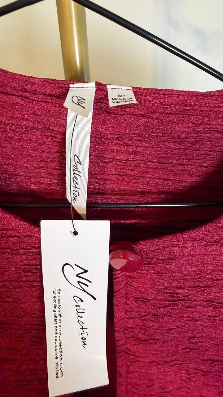 NY Collection Women’s Petite Textured Open‑Front Jacket Burgundy 6P NWT