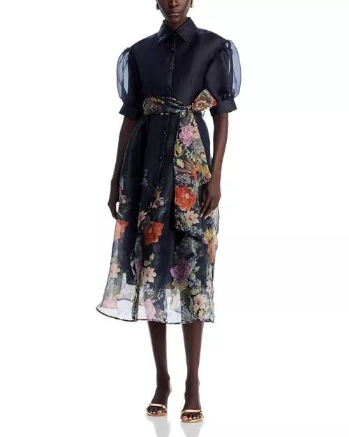 Nancy Yang Floral Print Dress Black Puff Sleeve Belted Size S NWT $195