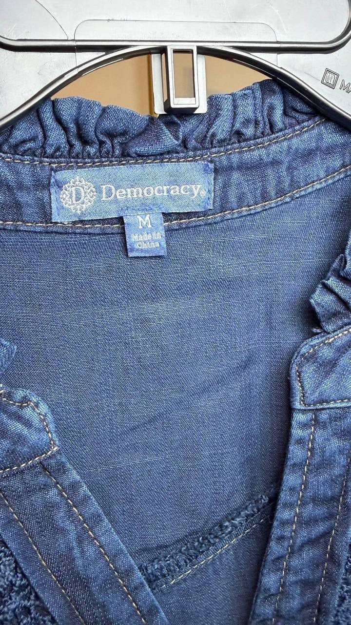 Democracy Crochet Trim Ruffle Button‑Front Shirt Navy M NWT $84