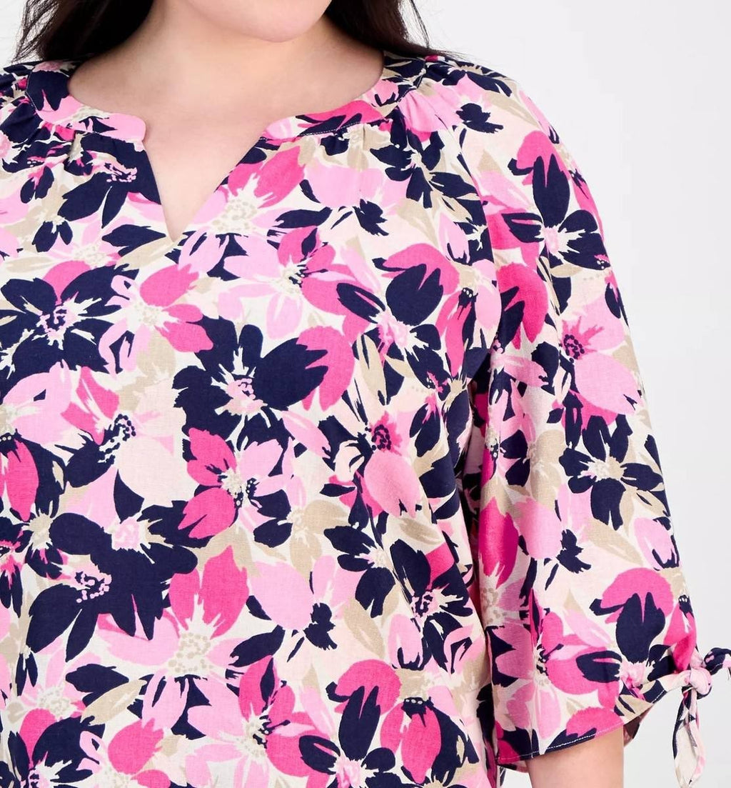 Jones New York Tie‑Sleeve Printed Split‑Neck Blouse White Multi XL NWT $69.50