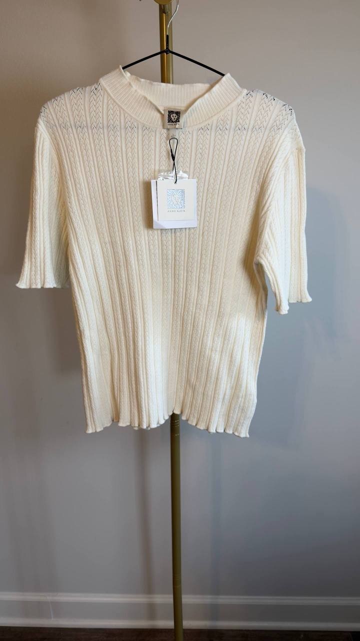 Anne Klein Cable‑Knit Short‑Sleeve Sweater Cream L NWT $79