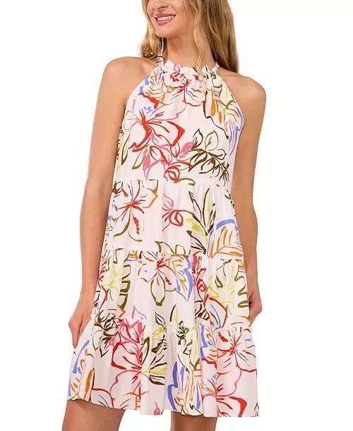 CeCe Dress L Multicolor Tropical Halter Tiered Mini Tie-Back NWT MSRP $79