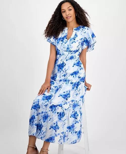 Julia Jordan Printed Ruffle-Sleeve Midi Dress Blue Ivory 8 NWT $139
