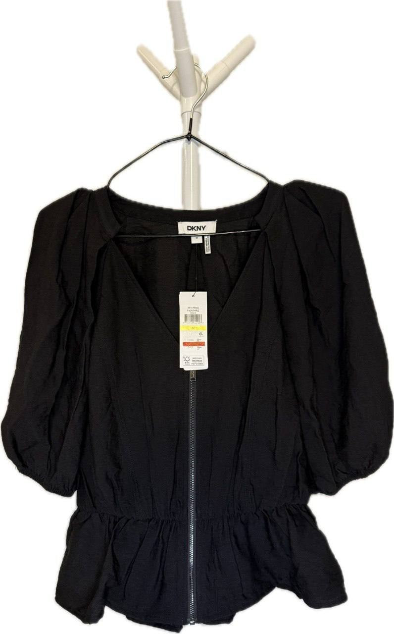 DKNY Women’s V‑Neck Zip‑Front Short‑Sleeve Top – Black – NWT – Sizes XS–XL