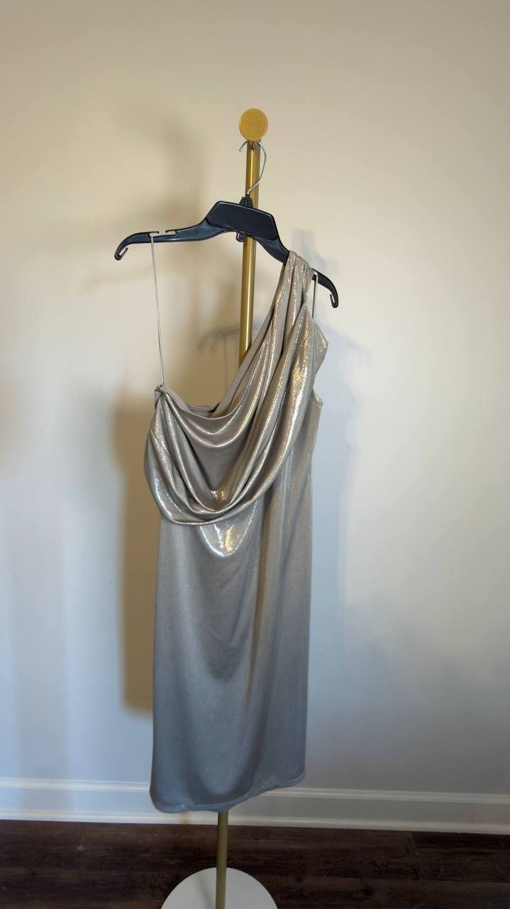 Lauren Ralph Lauren Metallic One‑Shoulder Cocktail Dress Silver 16 NWT $225