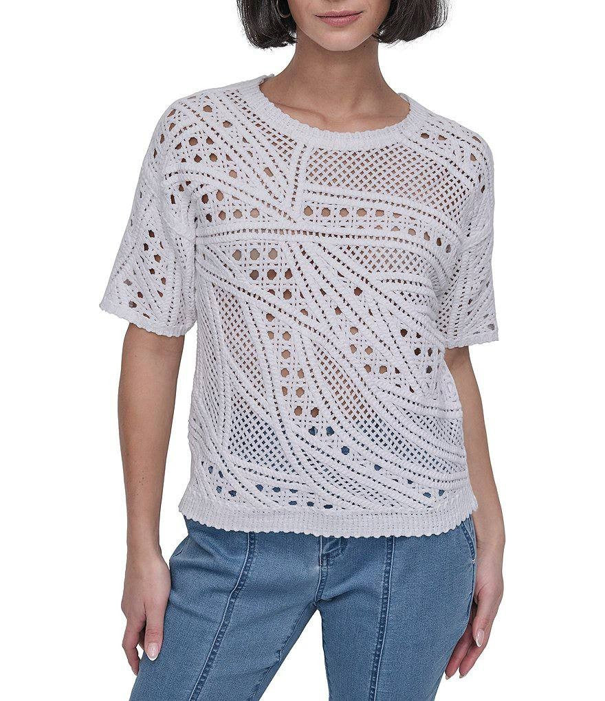 DKNY White Cotton Crochet Short Sleeve Top – Size L – NWT