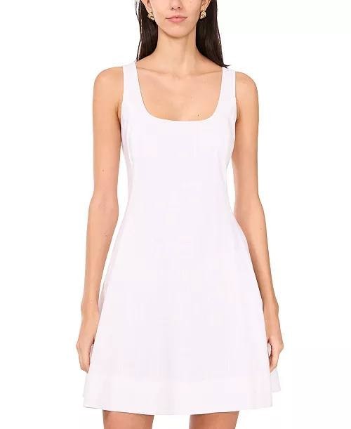 1.STATE Scoop‑Neck Full‑Circle Linen‑Blend Mini Dress White M NWT $99