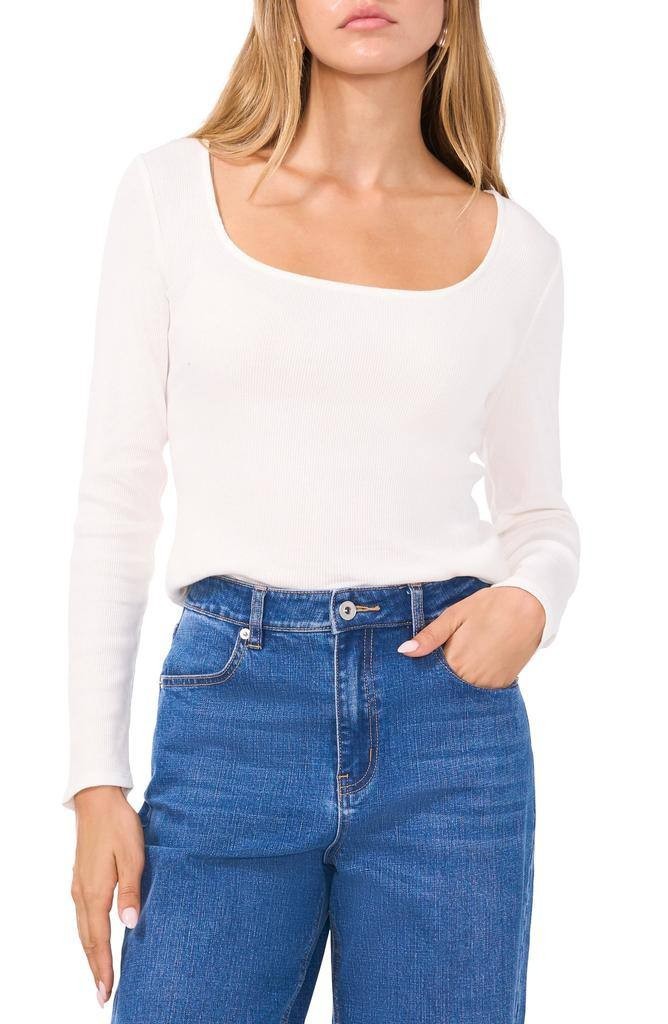 1.STATE Scoop Neck Long Sleeve Cotton Rib T‑Shirt White New Ivory Size L NWT $49