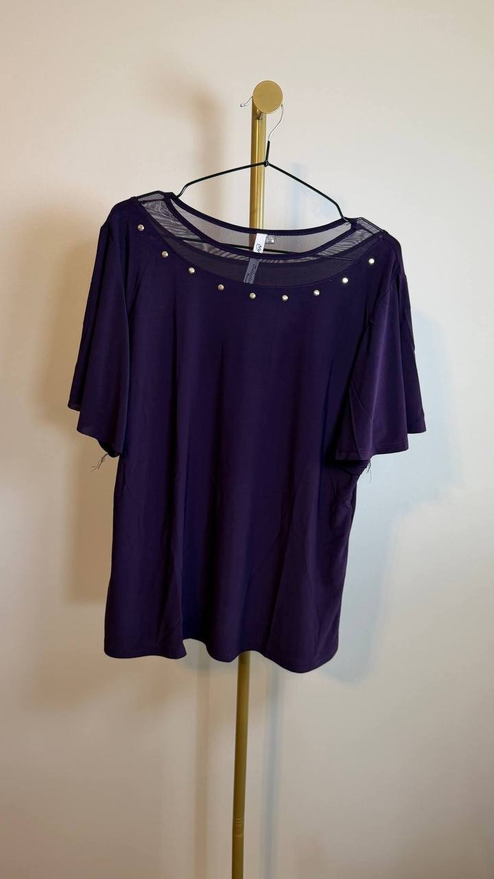 NY Collection Plus Size Knit Top Sheer Inset Deep Purple 1X NWT $32.99