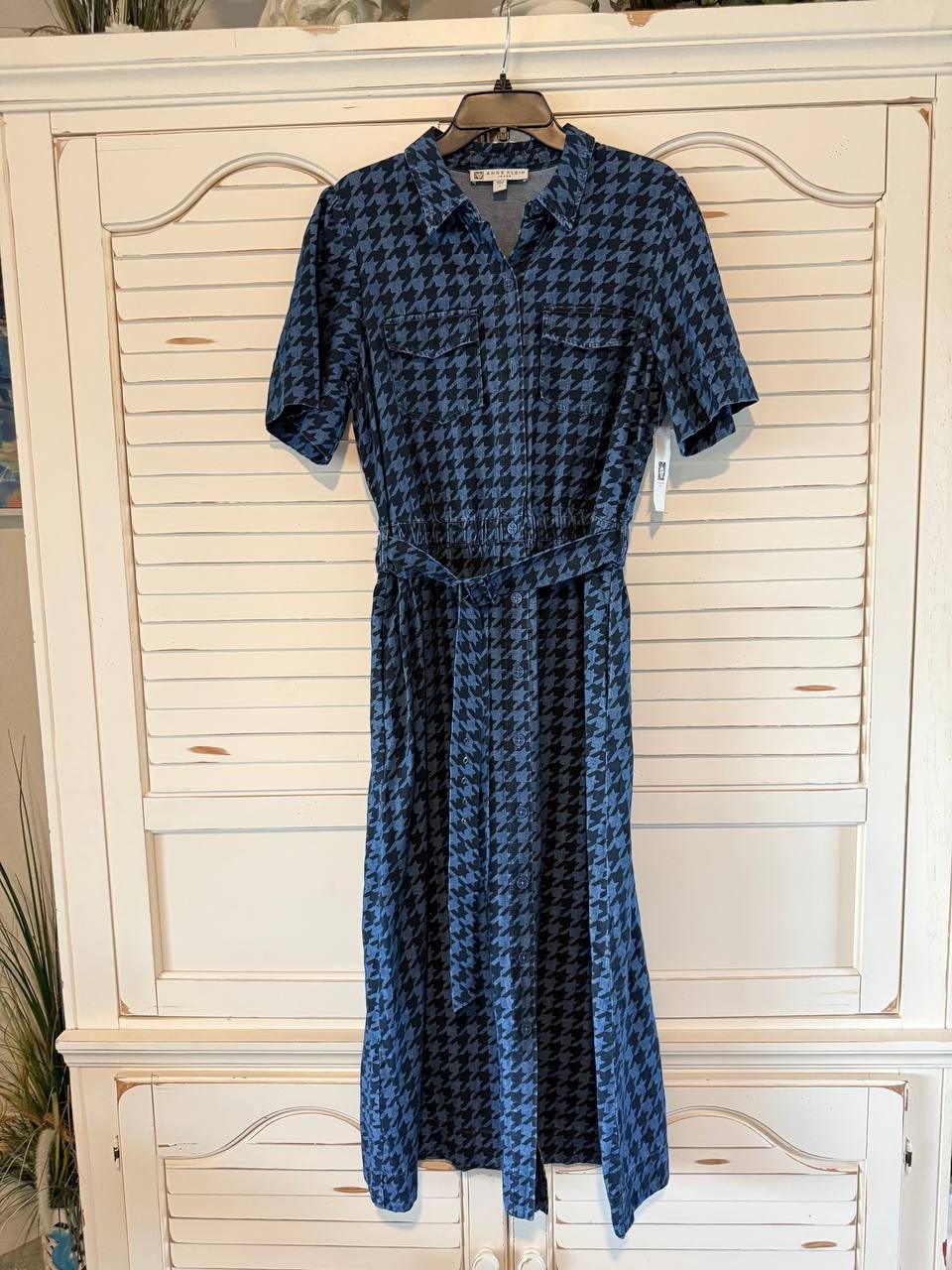 Anne Klein Cotton Midi Dress L Blue Houndstooth Camp Pocket Belted Fit NWT