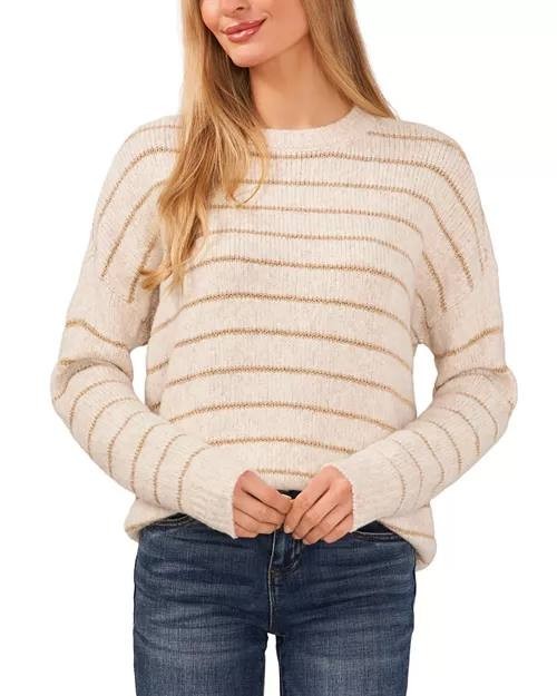 CeCe Women's Beige Gold Metallic Stripe Crewneck Alpaca Wool Sweater Size XL