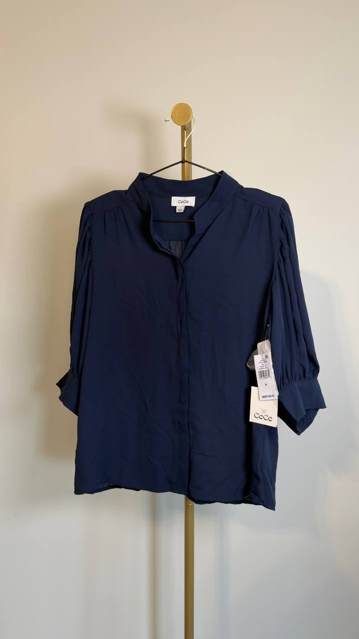 CeCe 3/4‑Sleeve Collared Split‑Neck Button‑Down Top Classic Navy M NWT $69