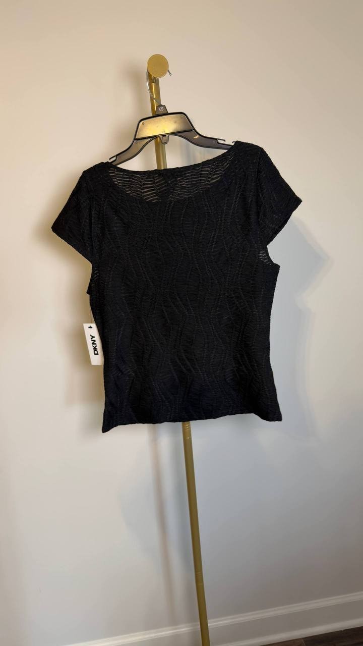 DKNY Textured Boat‑Neck Short‑Sleeve Top Black XS NWT $69
