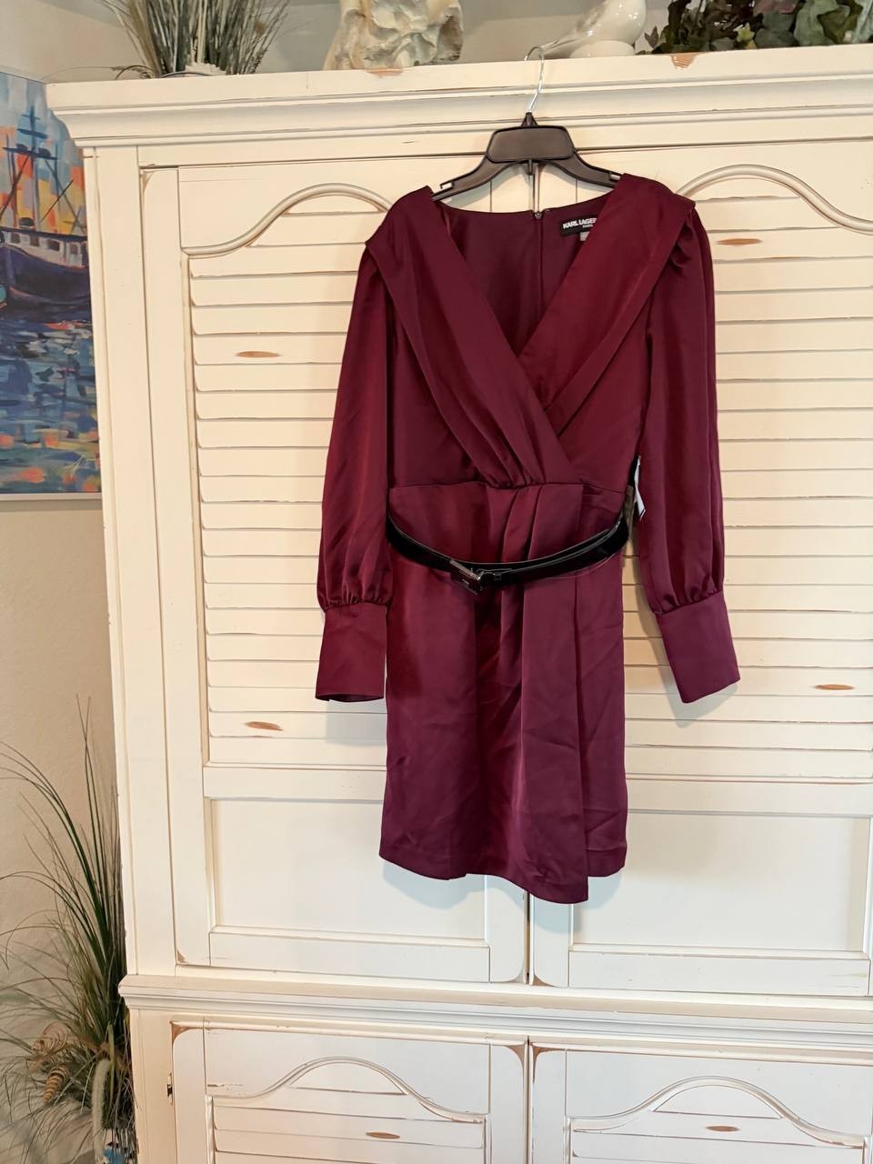 Karl Lagerfeld Paris Belted Satin Crepe Dress Burgundy Size 2 NWT $158
