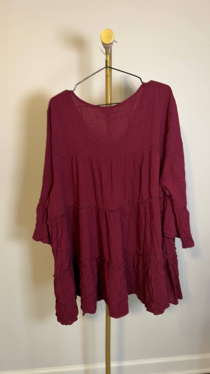 Avenue Plus Size Amy Tiered Bell Sleeve V‑Neck Blouse Berry 26‑28 NWT $60