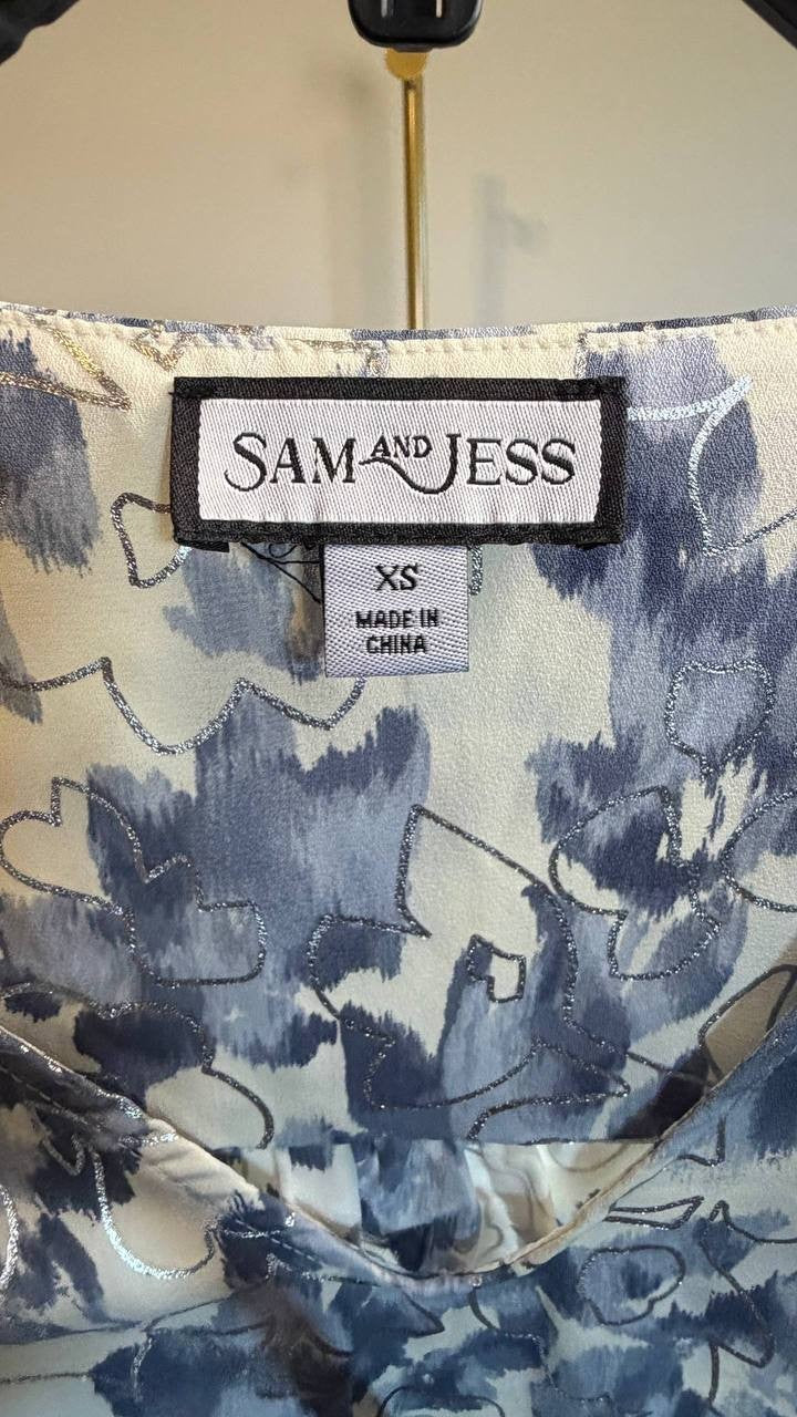 Sam & Jess Floral‑Print Bubble‑Sleeve Top Blue Floral XS NWT $59