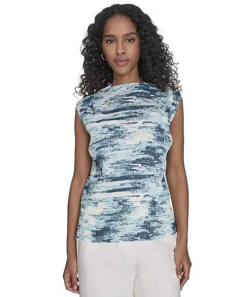 Calvin Klein Petite Printed Pleated Sleeveless Top Blue Multi PXL NWT $69