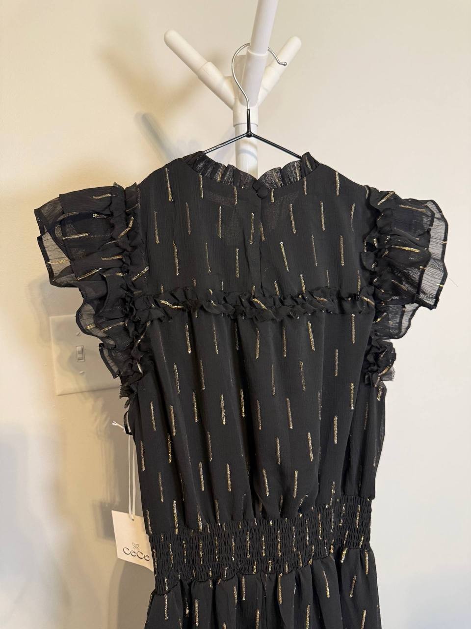 CeCe Metallic‑Print Ruffled Smocked‑Waist Midi Dress – Size S – NWT – $129