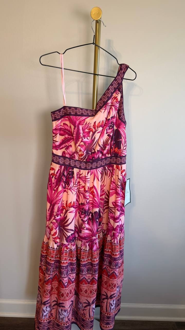 Eliza J Mixed‑Print One‑Shoulder Tiered Midi Dress Floral Multi 14 NWT $158