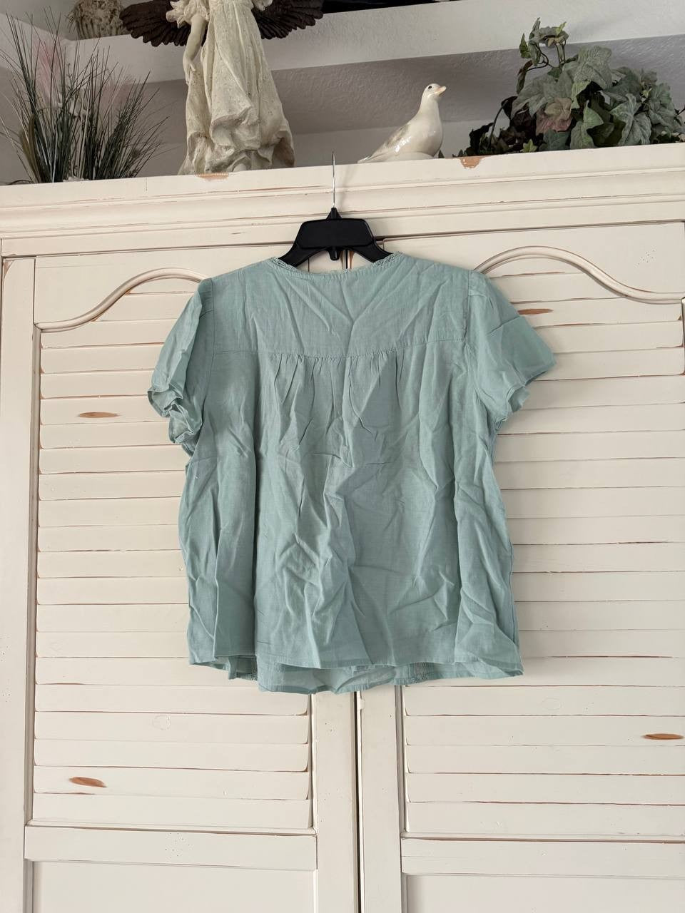 Lucky Brand Top L Surf Green Cotton Pleated Split Neck Flutter Sleeve Peasant NW