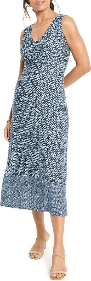 Nic + Zoe Ella Coastal Geo Print Fit & Flare Midi Dress Blue Multi L NWT