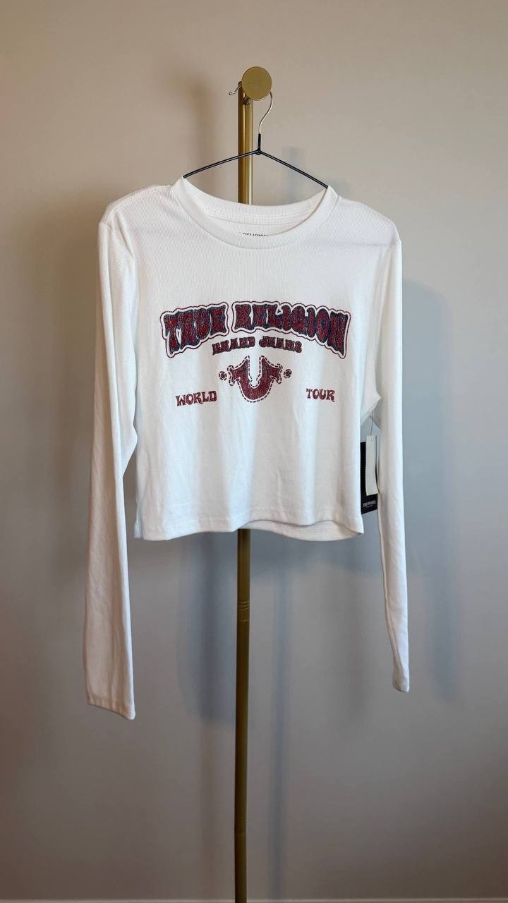 True Religion Women’s Western Logo Rib Baby Tee White Size L  NWT $69
