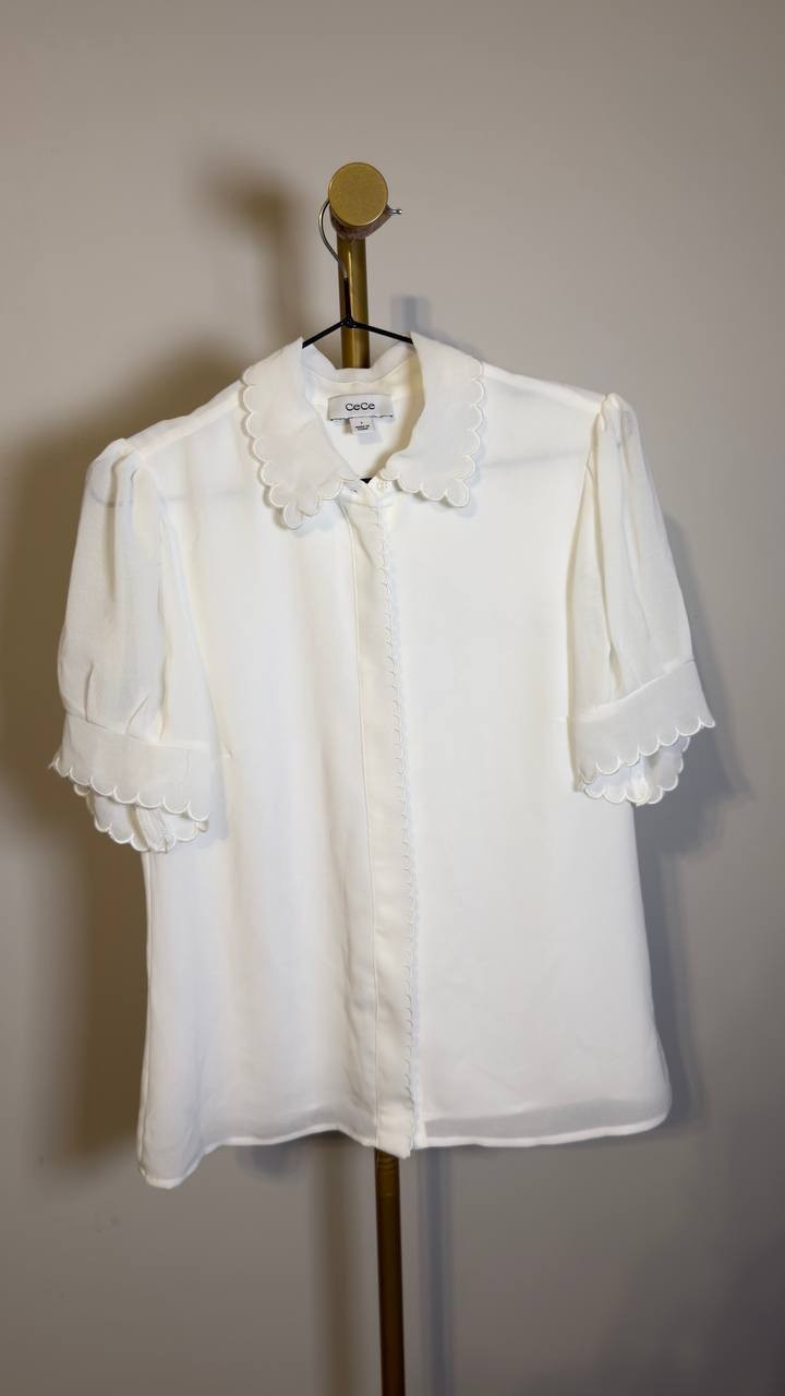 CeCe  Women’s  Scallop  Trim  Button‑Up  Shirt  New  White  S  NWOT  $69  