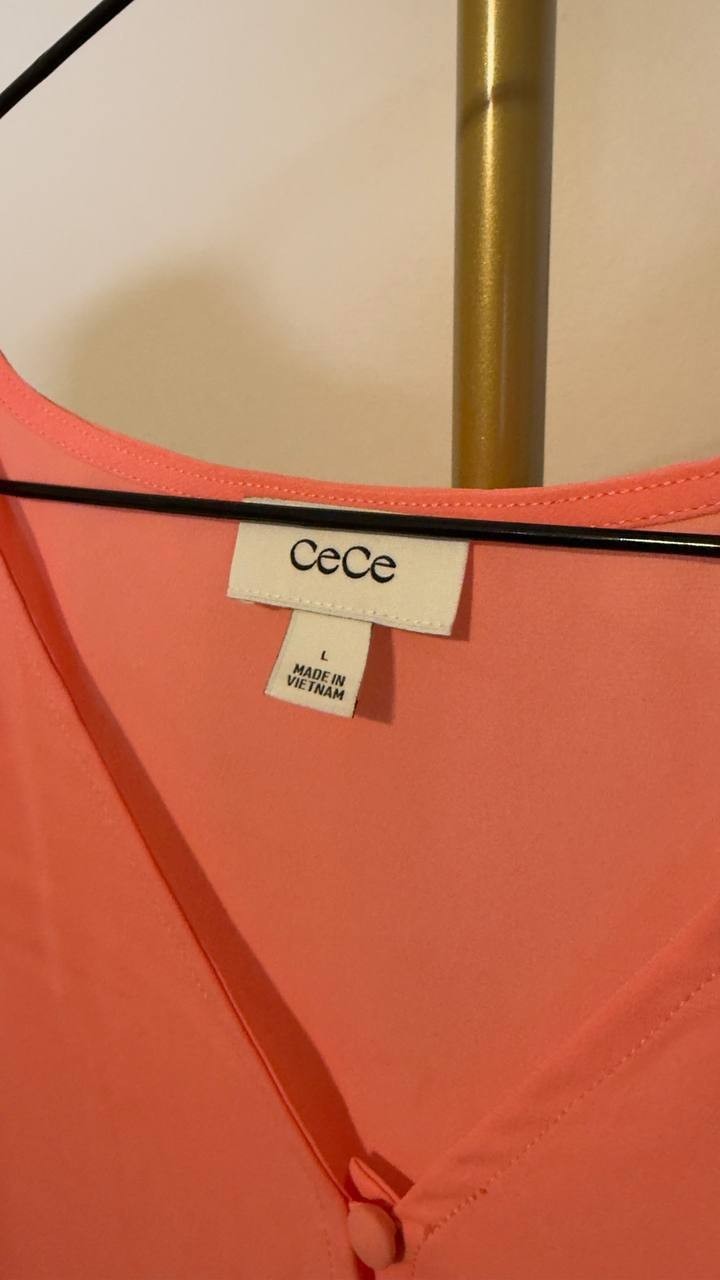 CeCe Women’s Double Flutter Sleeve Shirred Shoulder Top Coral Bloom L NWT $69