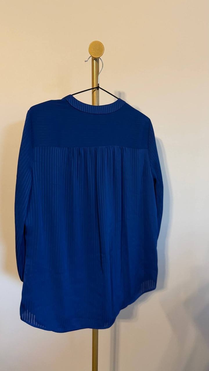 Jones New York Petite Striped Blouson‑Sleeve V‑Neck Blouse Blue PM $69.50 NWT
