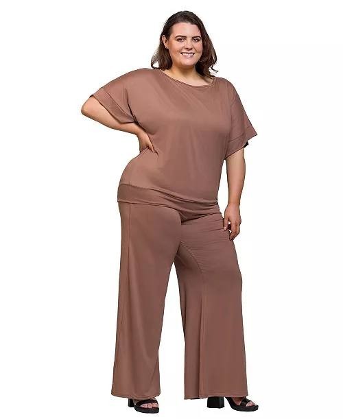 24Seven Comfort Apparel Plus Size Boat Neck Top Wide Leg Pants Set Mocha 4X NWT