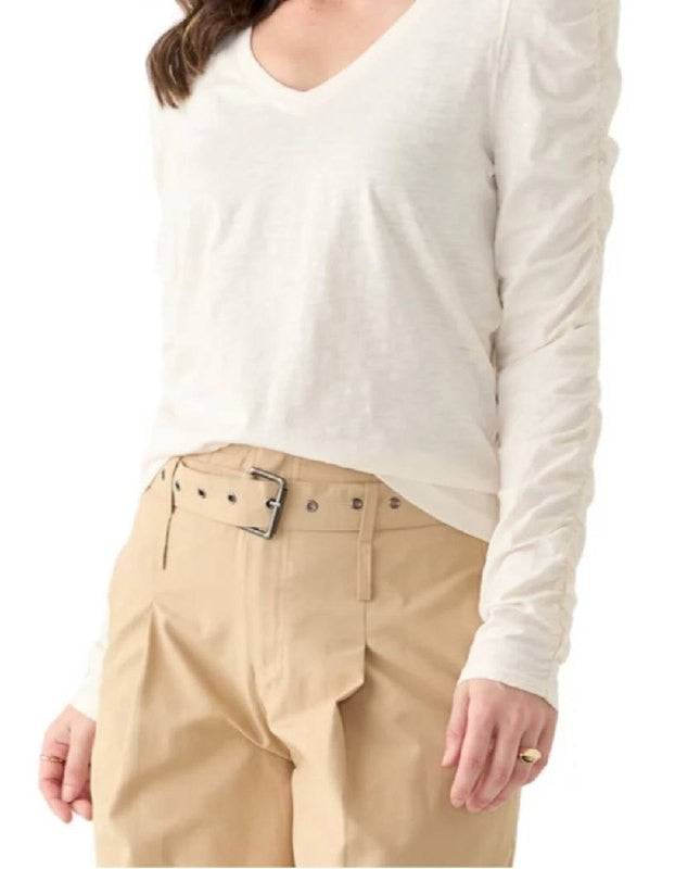 DKNY JEANS Ivory Ruched V‑Neck Knit Top P/XL Pre‑Owned Long Sleeve msrp$49