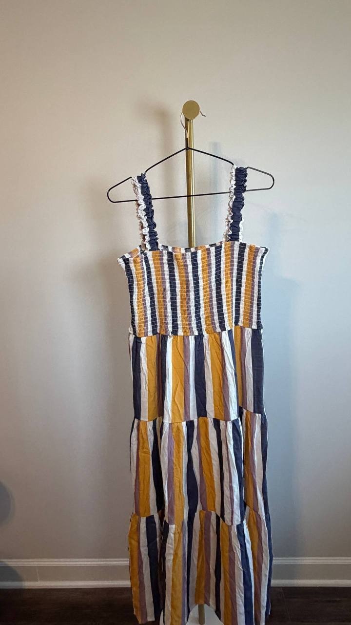 NY Collection Petite Smocked Bodice Tiered Midi Dress Blue Size PL NWT $58