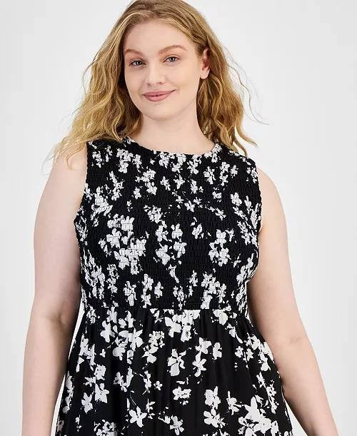 Anne Klein Dress XL Black White Floral Smocked Bodice Sleeveless Maxi NWT