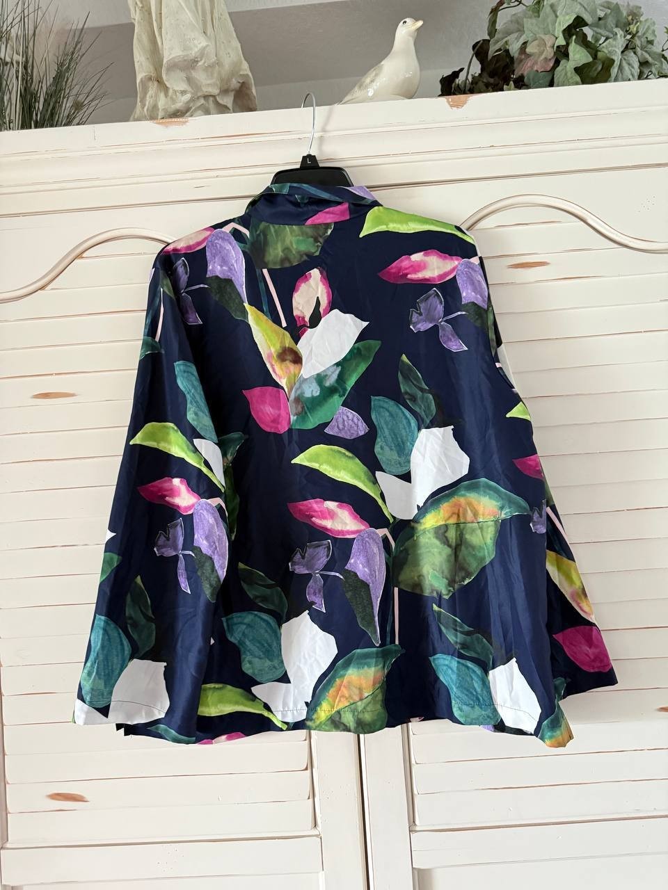 Natori Daido Cropped Floral Pajama Top Navy Multicolor XL NWT Notched Lapel