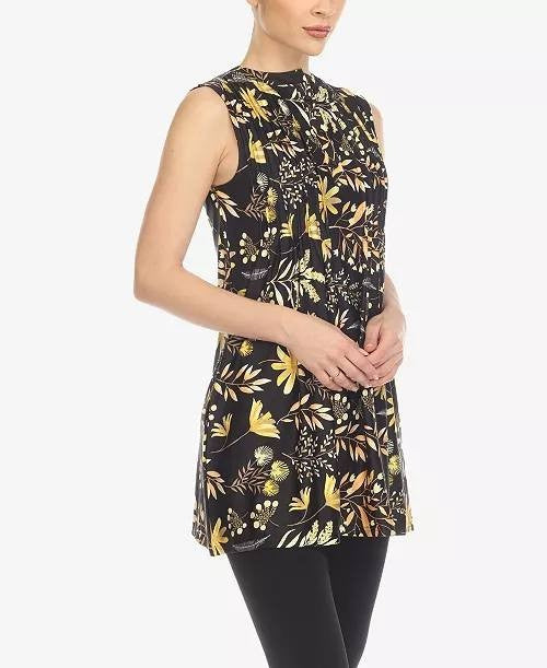 White Mark Floral Sleeveless Tunic Top Pin-Tuck Pleated Black L NWT $52