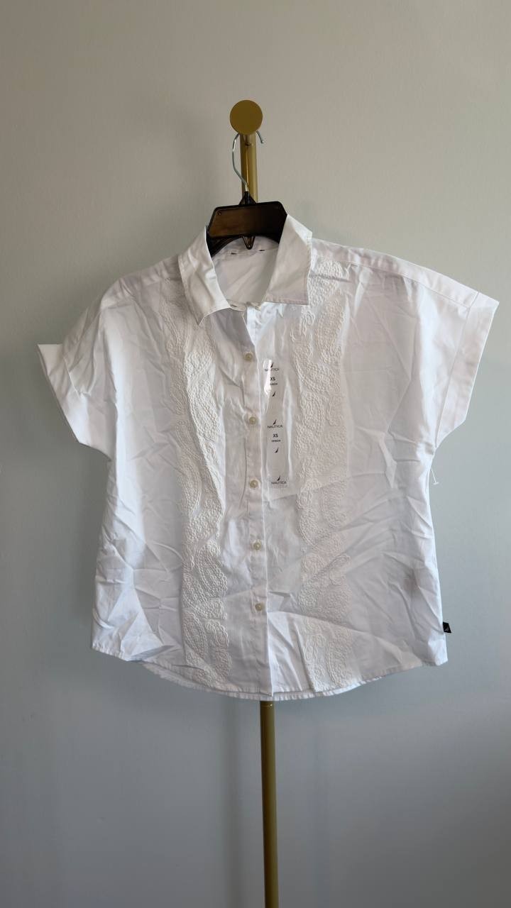Nautica Women’s Embroidered Camp Shirt Bright White XS NWOT $64.50